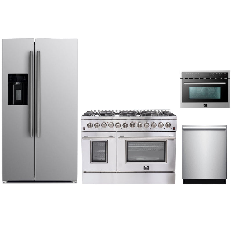 Forno 4-Piece Appliance Package - 48" Dual Fuel Range, 36" Refrigerator with Water Dispenser, Microwave Oven, & 3-Rack Dishwasher in Stainless Steel Appliance Package Forno 