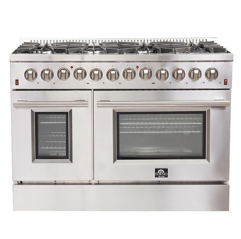 Forno 4-Piece Appliance Package - 48" Dual Fuel Range, 56" Pro-Style Refrigerator, Microwave Drawer, & 3-Rack Dishwasher in Stainless Steel Appliance Package Forno 