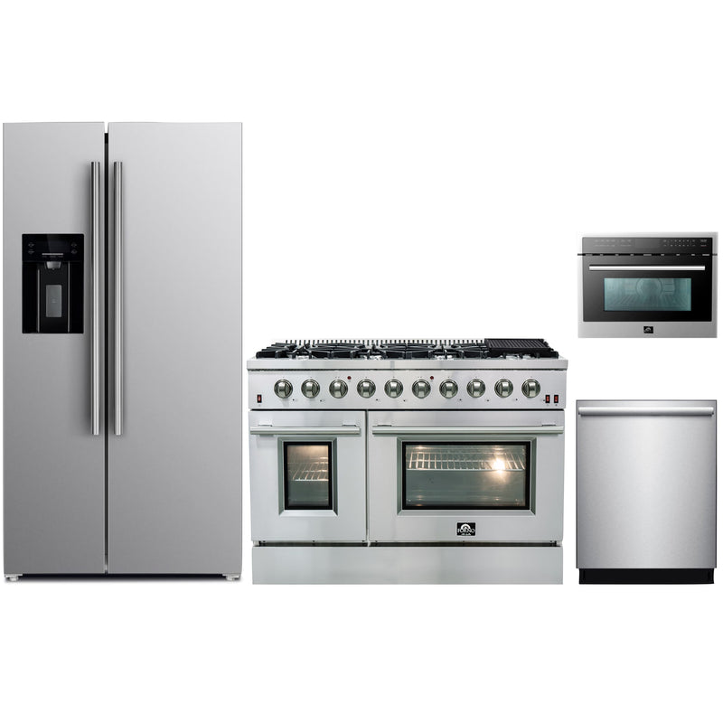 Forno 4-Piece Appliance Package - 48" Gas Range, 36" Refrigerator with Water Dispenser, Microwave Oven, & 3-Rack Dishwasher in Stainless Steel Appliance Package Forno 