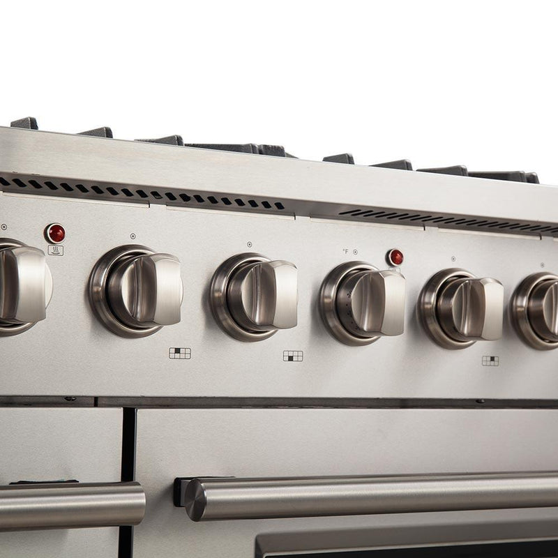 Forno 4-Piece Appliance Package - 48" Gas Range, 36" Refrigerator with Water Dispenser, Wall Mount Hood with Backsplash, & 3-Rack Dishwasher in Stainless Steel Appliance Package Forno 