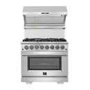 Forno 4-Piece Pro Appliance Package - 36" Dual Fuel Range, French Door Refrigerator, Wall Mount Hood with Backsplash, and Dishwasher in Stainless Steel Appliance Package Forno 