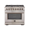 Forno 4-Piece Pro Appliance Package - 36" Dual Fuel Range, French Door Refrigerator, Wall Mount Hood with Backsplash, and Dishwasher in Stainless Steel Appliance Package Forno 