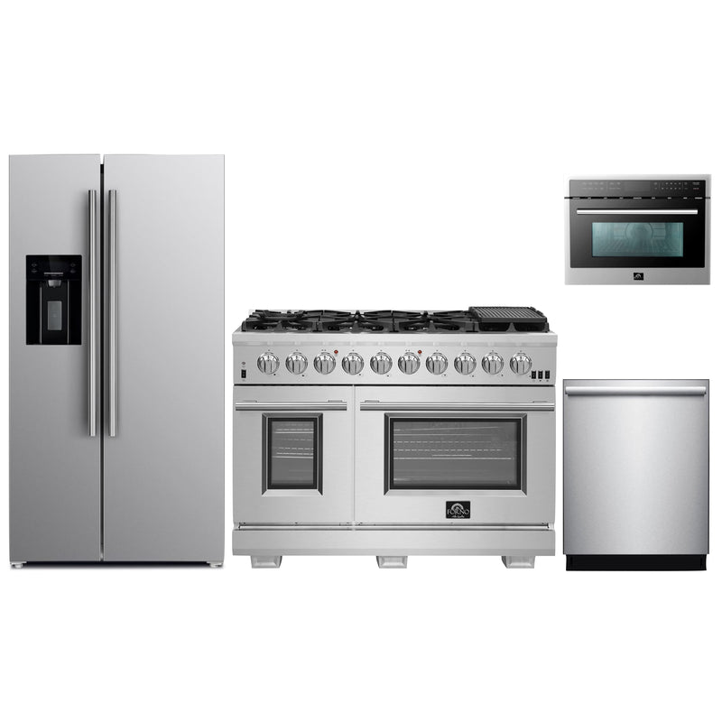 Forno 4-Piece Pro Appliance Package - 48" Gas Range, 36" Refrigerator with Water Dispenser, Microwave Oven, & 3-Rack Dishwasher in Stainless Steel Appliance Package Forno 