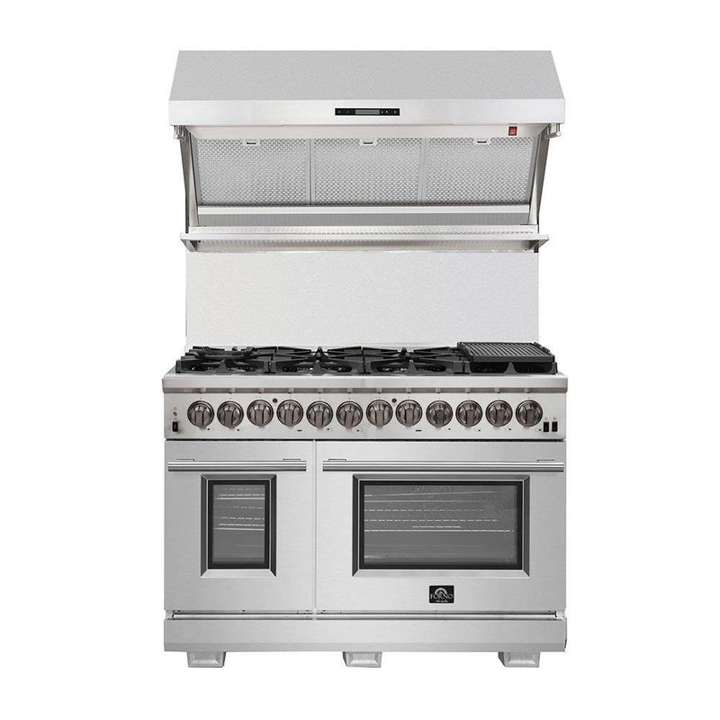 Forno 3-Piece Appliance Package - 48-Inch Dual Fuel Range, 60-Inch Pro-Style Refrigerator & Wall Mount Hood with Backsplash in Stainless Steel