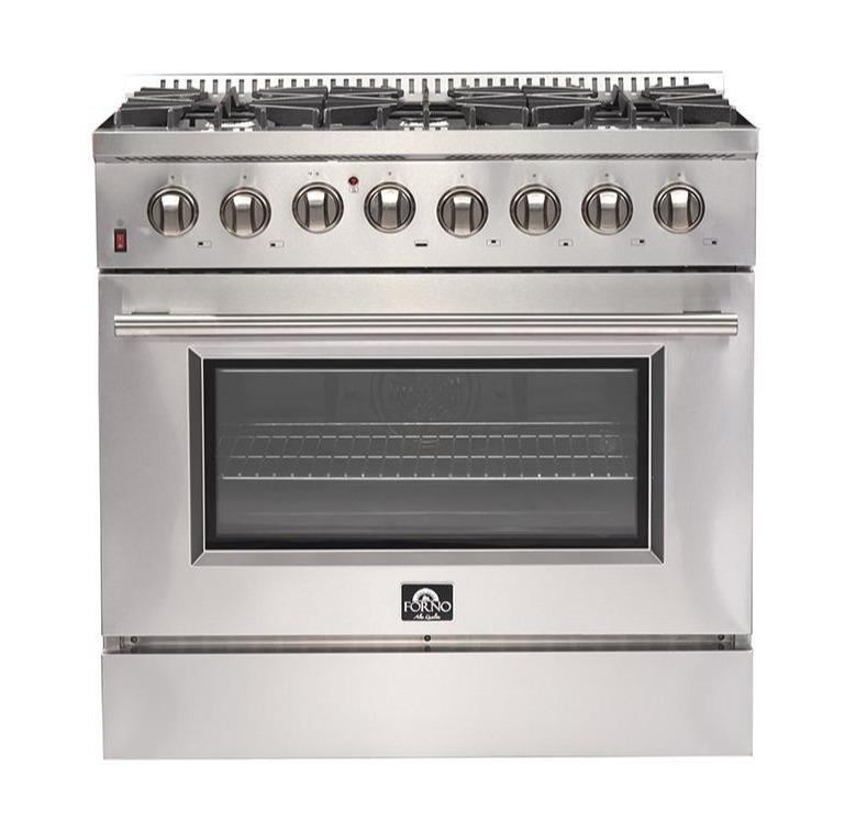Forno 5-Piece Appliance Package - 36" Dual Fuel Range, 56" Pro-Style Refrigerator, Wall Mount Hood with Backsplash, Microwave Oven, & 3-Rack Dishwasher in Stainless Steel Appliance Package Forno 