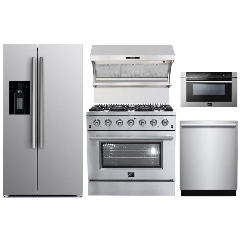 Forno 5-Piece Appliance Package - 36" Gas Range, 36" Refrigerator with Water Dispenser, Wall Mount Hood with Backsplash, Microwave Drawer, & 3-Rack Dishwasher in Stainless Steel Appliance Package Forno 