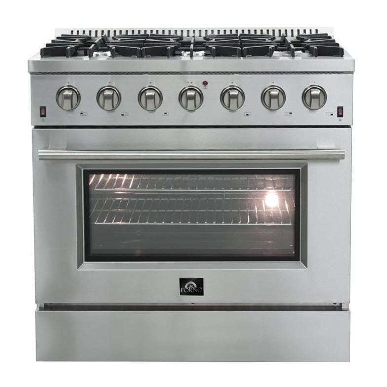 Forno 5-Piece Appliance Package - 36" Gas Range, 36" Refrigerator with Water Dispenser, Wall Mount Hood with Backsplash, Microwave Drawer, & 3-Rack Dishwasher in Stainless Steel Appliance Package Forno 