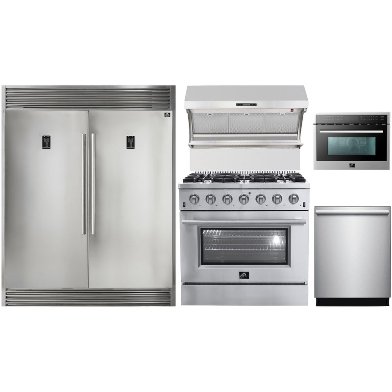 Forno 5-Piece Appliance Package - 36" Gas Range, 56" Pro-Style Refrigerator, Wall Mount Hood with Backsplash, Microwave Oven, & 3-Rack Dishwasher in Stainless Steel Appliance Package Forno 