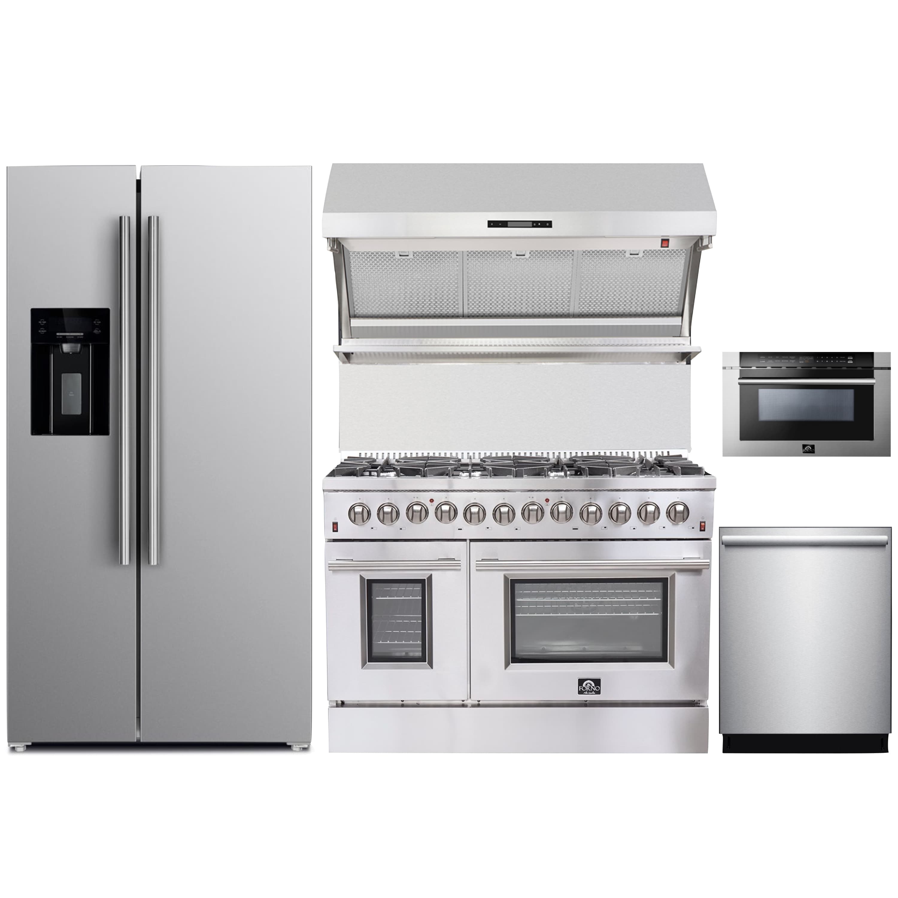 Forno 5-Piece Appliance Package - 48-Inch Dual Fuel Range, Refrigerator with Water Dispenser, Wall Mount Hood with Backsplash, 24-Inch Microwave Drawer, & 3-Rack Dishwasher in Stainless Steel