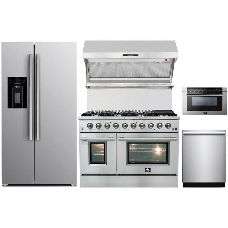 Forno 5-Piece Appliance Package - 48" Gas Range, 36" Refrigerator with Water Dispenser, Wall Mount Hood with Backsplash, Microwave Drawer, & 3-Rack Dishwasher in Stainless Steel Appliance Package Forno 
