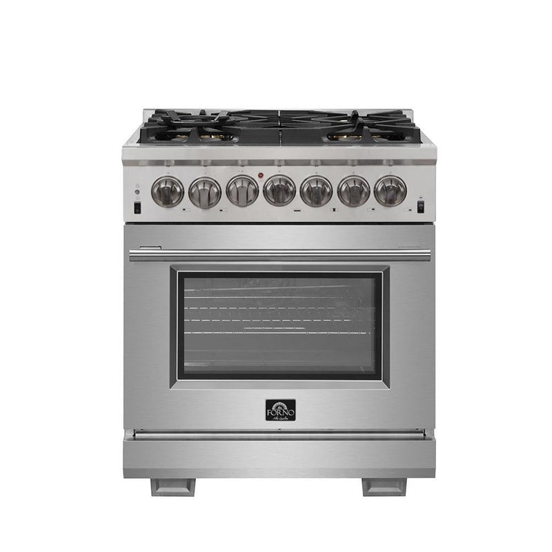 Forno 5-Piece Pro Appliance Package - 30" Dual Fuel Range, 36" Refrigerator with Water Dispenser, Wall Mount Hood with Backsplash, Microwave Drawer, & 3-Rack Dishwasher in Stainless Steel Appliance Package Forno 