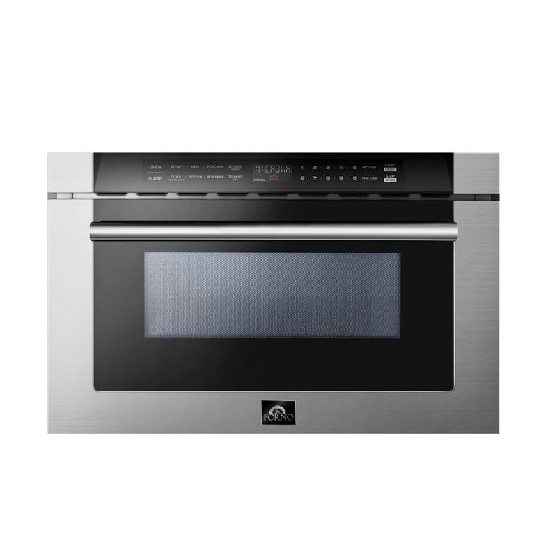 Forno 5-Piece Pro Appliance Package - 30" Dual Fuel Range, 56" Pro-Style Refrigerator, Wall Mount Hood with Backsplash, Microwave Drawer, & 3-Rack Dishwasher in Stainless Steel Appliance Package Forno 