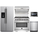 Forno 5-Piece Pro Appliance Package - 36" Dual Fuel Range, 36" Refrigerator with Water Dispenser, Wall Mount Hood with Backsplash, Microwave Drawer, & 3-Rack Dishwasher in Stainless Steel Appliance Package Forno 