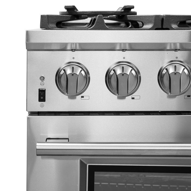 Forno 5-Piece Pro Appliance Package - 36" Dual Fuel Range, 56" Pro-Style Refrigerator, Wall Mount Hood with Backsplash, Microwave Drawer, & 3-Rack Dishwasher in Stainless Steel Appliance Package Forno 