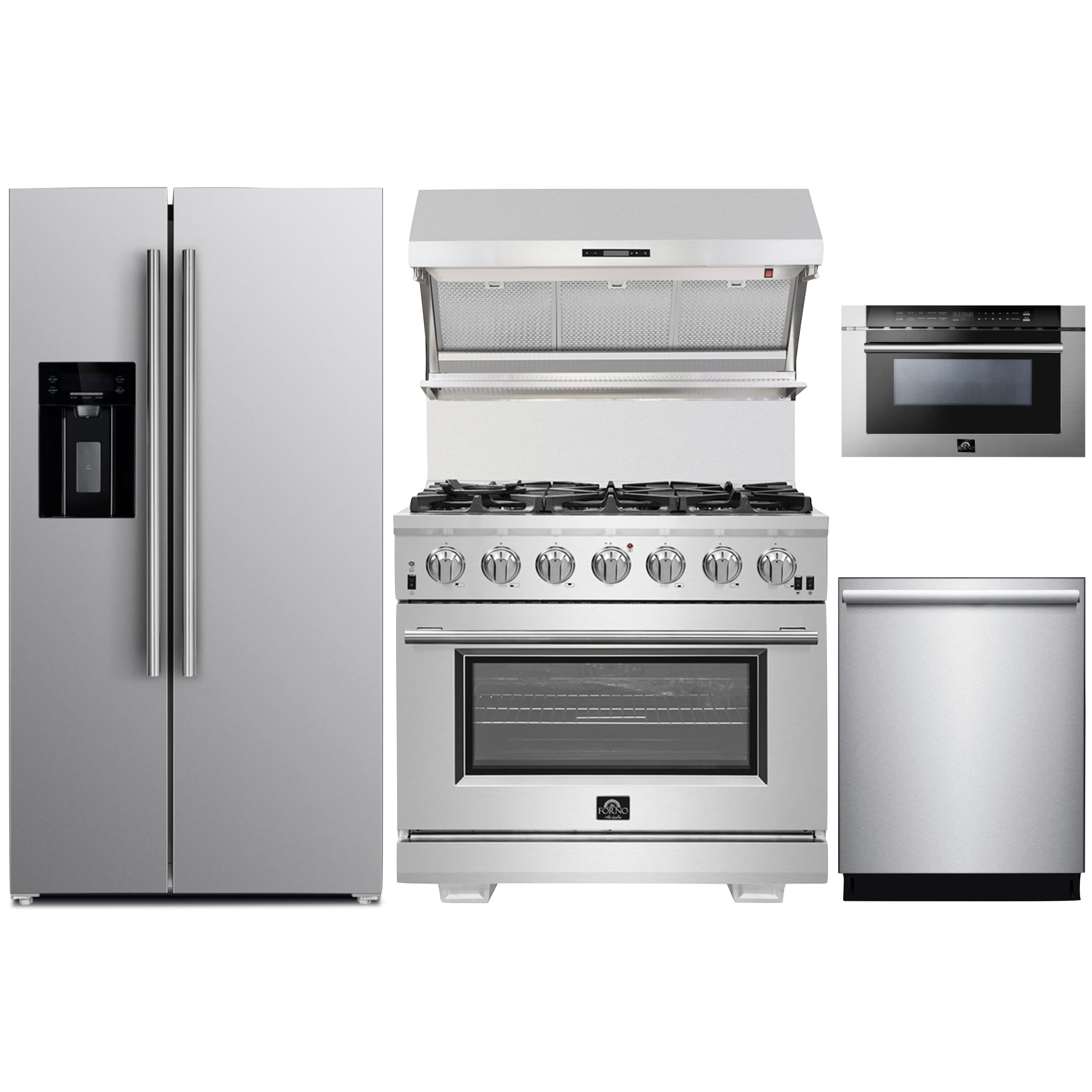 Forno 5-Piece Pro Appliance Package - 36-Inch Gas Range, Refrigerator with Water Dispenser, Wall Mount Hood with Backsplash, 24-Inch Microwave Drawer, & 3-Rack Dishwasher in Stainless Steel