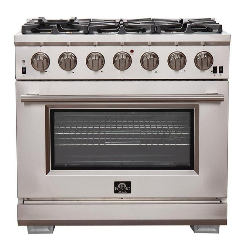 Forno 5-Piece Pro Appliance Package - 36" Gas Range, 36" Refrigerator with Water Dispenser, Wall Mount Hood with Backsplash, Microwave Oven, & 3-Rack Dishwasher in Stainless Steel Appliance Package Forno 