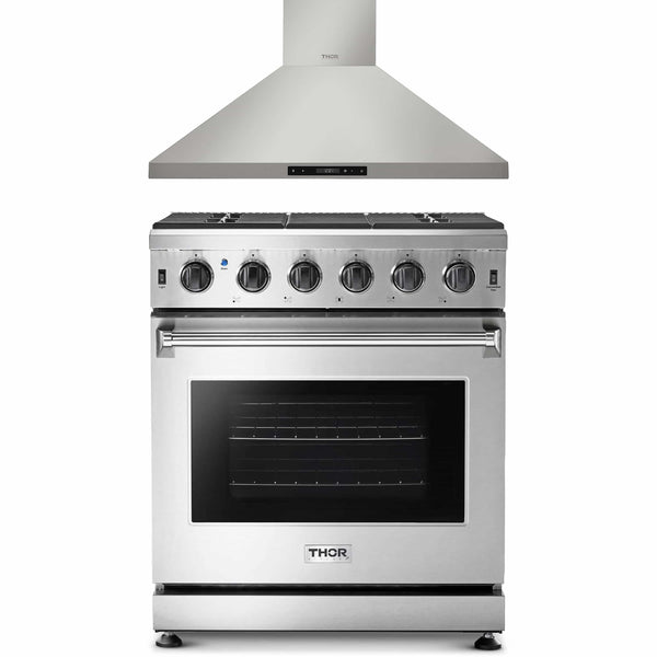 Thor Kitchen 2-Piece Appliance Package - 30" Gas Range & Premium Wall Mounted Hood in Stainless Steel Appliance Package Thor Kitchen 