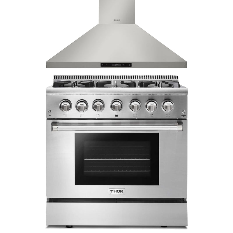 Thor Kitchen 2-Piece Pro Appliance Package - 36" Dual Fuel Range & Premium Wall Mount Hood in Stainless Steel Appliance Package Thor Kitchen 
