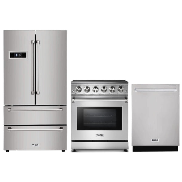 Thor Kitchen 3-Piece Appliance Package - 30" Electric Range, French Door Refrigerator, and Dishwasher in Stainless Steel Appliance Package Thor Kitchen 