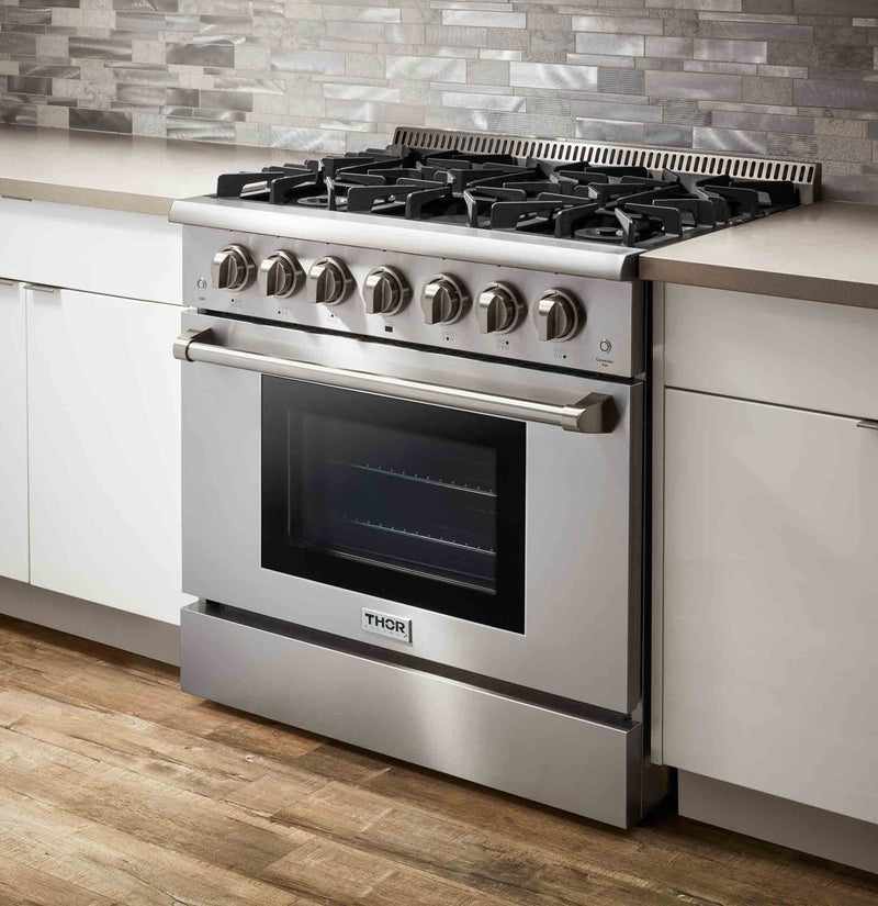 Thor Kitchen 3-Piece Pro Appliance Package - 36-Inch Gas Range, Dishwasher & Refrigerator with Water Dispenser in Stainless Steel Appliance Package Thor Kitchen 