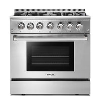 Thor Kitchen 36-Inch Gas Range with Liquid Propane Kit, and 5.2 Cu. Ft. Electric Convection Oven in Stainless Steel (HRD3606U-LP)