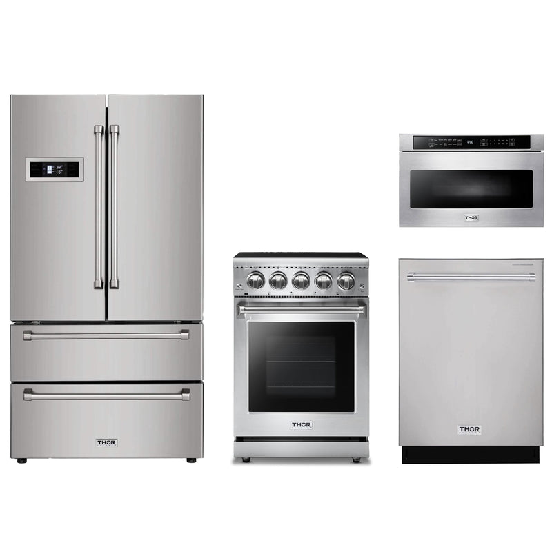 Thor Kitchen 4-Piece Appliance Package - 24" Electric Range, French Door Refrigerator, Dishwasher, and Microwave Drawer in Stainless Steel Appliance Package Thor Kitchen 