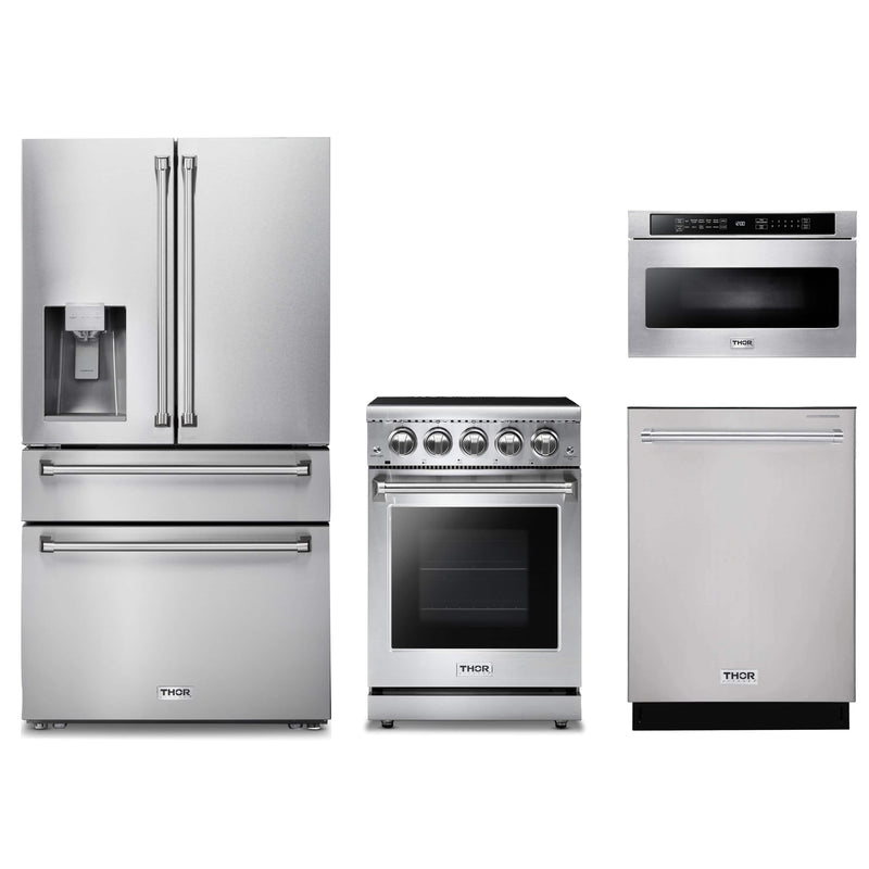 Thor Kitchen 4-Piece Appliance Package - 24-Inch Electric Range, Refrigerator with Water Dispenser, Dishwasher, & Microwave Drawer in Stainless Steel Appliance Package Thor Kitchen 
