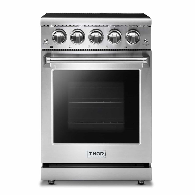 Thor Kitchen 4-Piece Appliance Package - 24-Inch Electric Range, Refrigerator with Water Dispenser, Under Cabinet Hood, & Dishwasher in Stainless Steel Appliance Package Thor Kitchen 