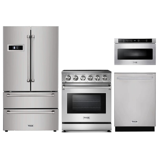 Thor Kitchen 4-Piece Appliance Package - 30" Electric Range, French Door Refrigerator, Dishwasher, and Microwave Drawer in Stainless Steel Appliance Package Thor Kitchen 
