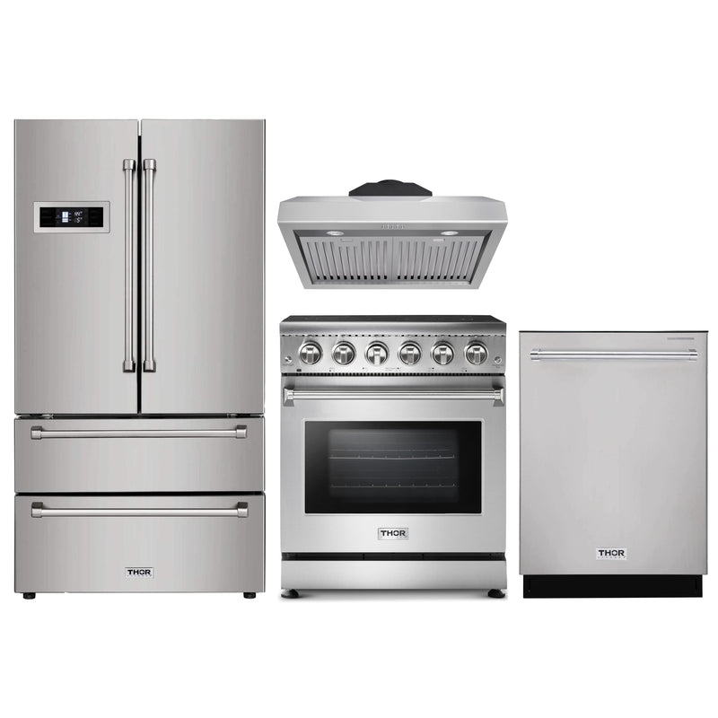 Thor Kitchen 4-Piece Appliance Package - 30" Electric Range, French Door Refrigerator, Under Cabinet Hood, and Dishwasher in Stainless Steel Appliance Package Thor Kitchen 