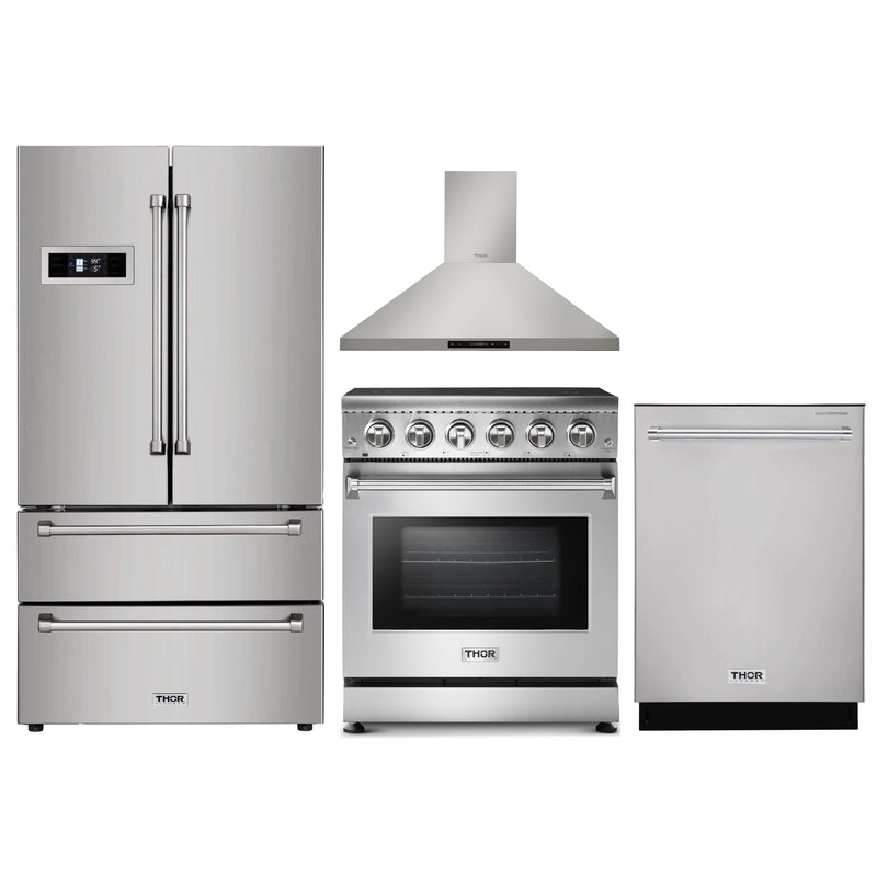 Thor Kitchen 4-Piece Appliance Package - 30" Electric Range, French Door Refrigerator, Wall Mount Hood, and Dishwasher in Stainless Steel Appliance Package Thor Kitchen 