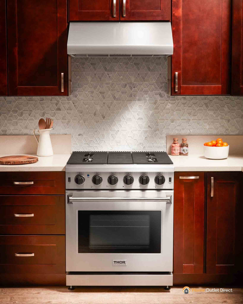 Thor Kitchen 4-Piece Appliance Package - 30" Gas Range, French Door Refrigerator, Under Cabinet Hood and Dishwasher in Stainless Steel Appliance Package Thor Kitchen 