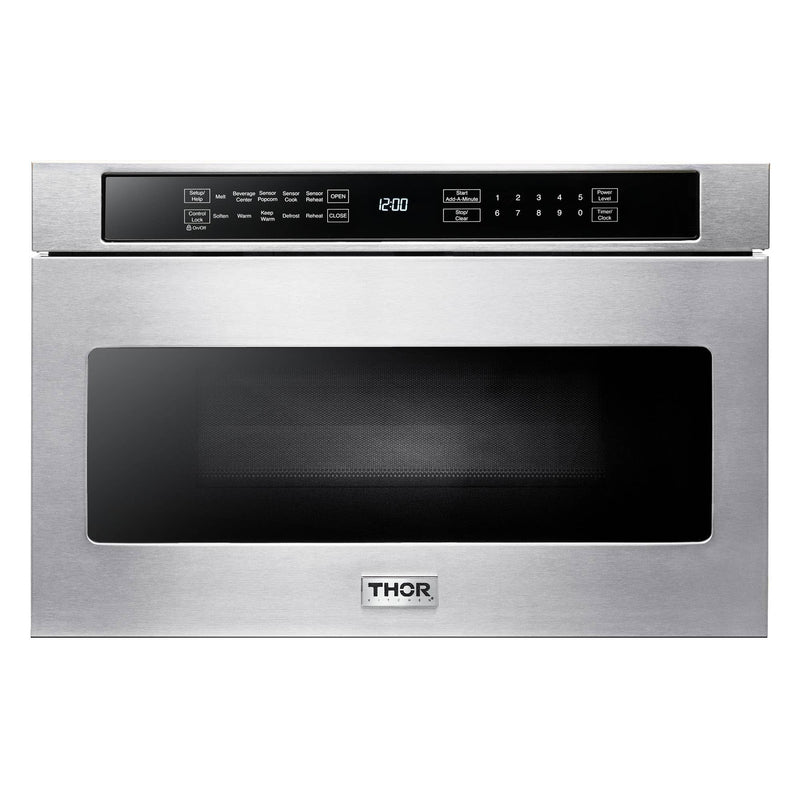 Thor Kitchen 4-Piece Appliance Package - 30-Inch Electric Range, Refrigerator with Water Dispenser, Dishwasher, & Microwave Drawer in Stainless Steel Appliance Package Thor Kitchen 