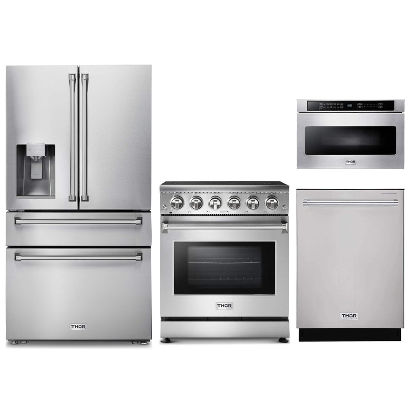 Thor Kitchen 4-Piece Appliance Package - 30-Inch Electric Range, Refrigerator with Water Dispenser, Dishwasher, & Microwave Drawer in Stainless Steel Appliance Package Thor Kitchen 