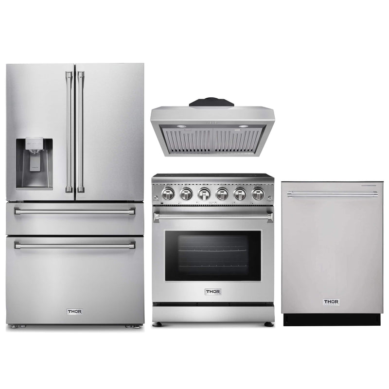 Thor Kitchen 4-Piece Appliance Package - 30-Inch Electric Range, Refrigerator with Water Dispenser, Under Cabinet Hood, & Dishwasher in Stainless Steel Appliance Package Thor Kitchen 