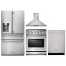 Thor Kitchen 4-Piece Appliance Package - 30-Inch Electric Range, Refrigerator with Water Dispenser, Wall Mount Hood, & Dishwasher in Stainless Steel Appliance Package Thor Kitchen 