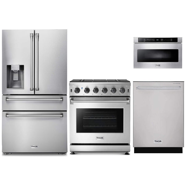 Thor Kitchen 4-Piece Appliance Package - 30-Inch Gas Range, Refrigerator with Water Dispenser, Dishwasher, & Microwave Drawer in Stainless Steel Appliance Package Thor Kitchen 