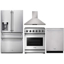 Thor Kitchen 4-Piece Appliance Package - 30-Inch Gas Range, Refrigerator with Water Dispenser, Wall Mount Hood, & Dishwasher in Stainless Steel Appliance Package Thor Kitchen 
