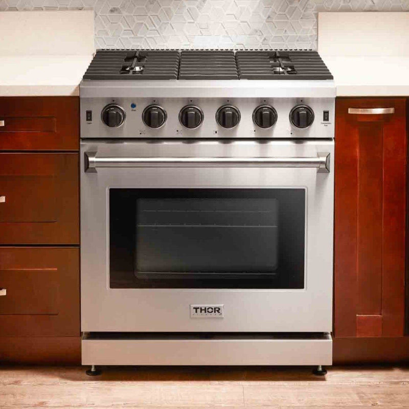 Thor Kitchen 4-Piece Appliance Package - 30-Inch Gas Range, Refrigerator with Water Dispenser, Wall Mount Hood, & Dishwasher in Stainless Steel Appliance Package Thor Kitchen 