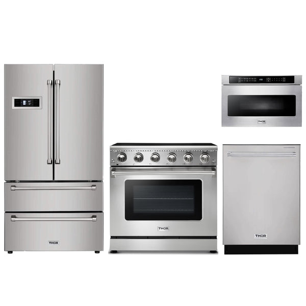Thor Kitchen 4-Piece Appliance Package - 36" Electric Range, French Door Refrigerator, Dishwasher, and Microwave Drawer in Stainless Steel Appliance Package Thor Kitchen 