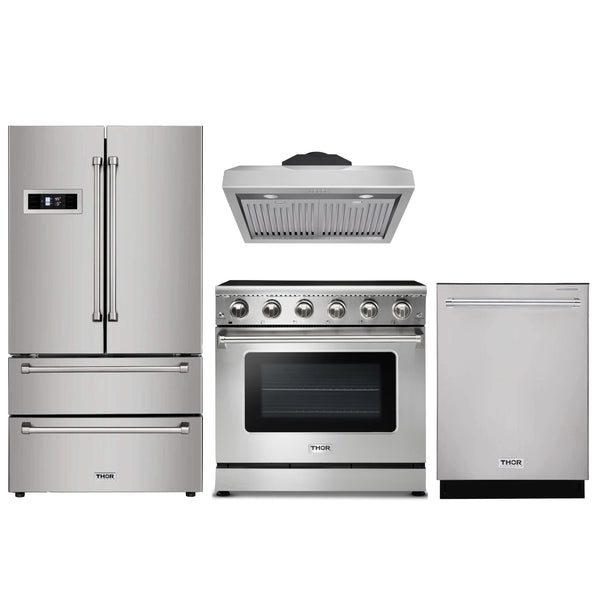 Thor Kitchen 4-Piece Appliance Package - 36" Electric Range, French Door Refrigerator, Under Cabinet Hood, and Dishwasher in Stainless Steel Appliance Package Thor Kitchen 