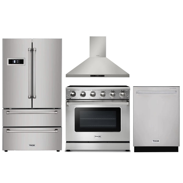 Thor Kitchen 4-Piece Appliance Package - 36" Electric Range, French Door Refrigerator, Wall Mount Hood, and Dishwasher in Stainless Steel Appliance Package Thor Kitchen 