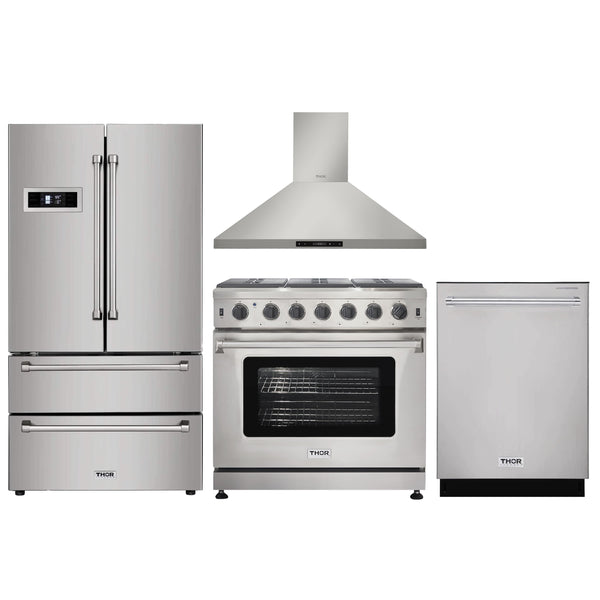 Thor Kitchen 4-Piece Appliance Package - 36" Gas Range, Refrigerator, Wall Mount Hood, and Dishwasher in Stainless Steel