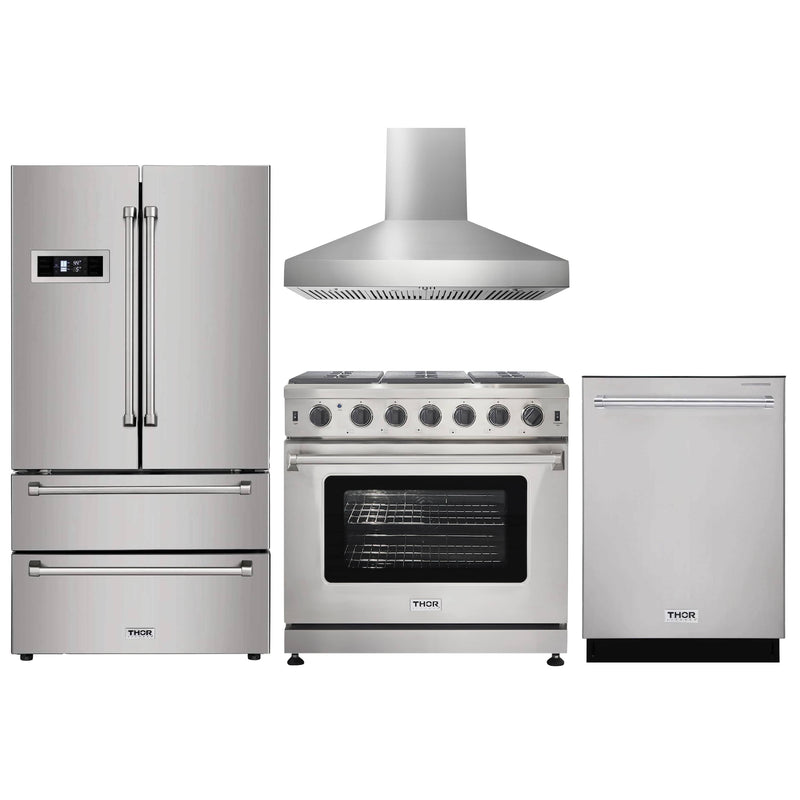 Thor Kitchen 4-Piece Appliance Package - 36" Gas Range, French Door Refrigerator, Wall Mount Hood, and Dishwasher in Stainless Steel Appliance Package Thor Kitchen Natural Gas Pro Style 