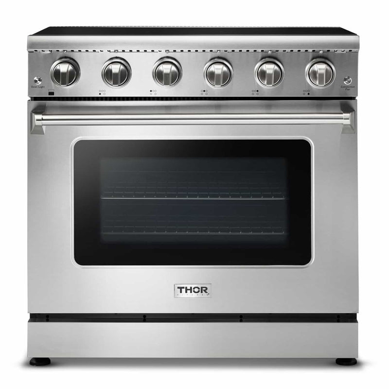 Thor Kitchen 4-Piece Appliance Package - 36-Inch Electric Range, Refrigerator with Water Dispenser, Under Cabinet Hood, & Dishwasher in Stainless Steel Appliance Package Thor Kitchen 
