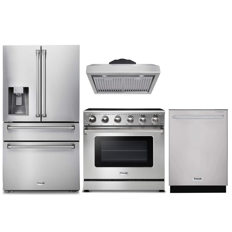 Thor Kitchen 4-Piece Appliance Package - 36-Inch Electric Range, Refrigerator with Water Dispenser, Under Cabinet Hood, & Dishwasher in Stainless Steel Appliance Package Thor Kitchen 