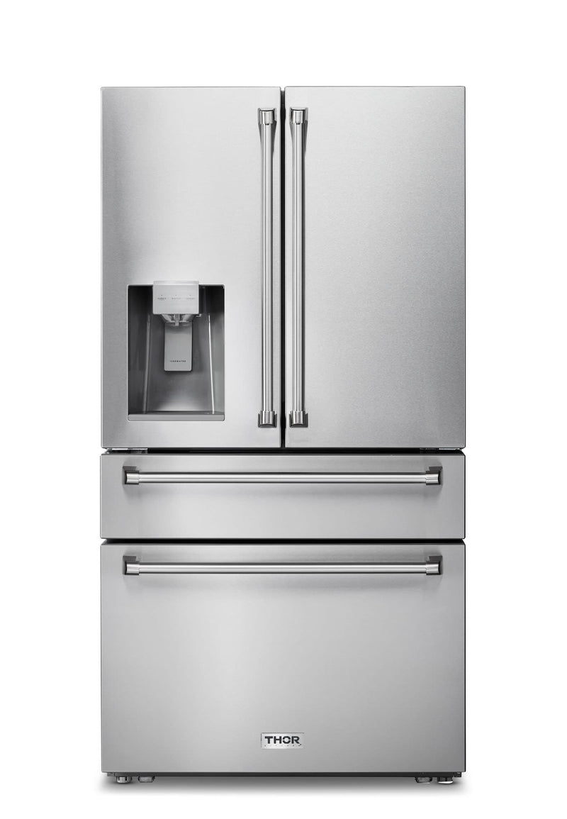 Thor Kitchen 4-Piece Appliance Package - 36-Inch Gas Range, Refrigerator with Water Dispenser, Under Cabinet Hood & Dishwasher in Stainless Steel Appliance Package Thor Kitchen 