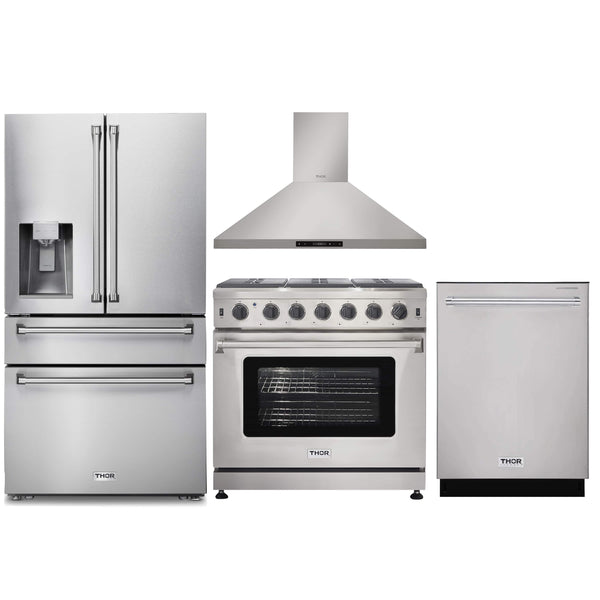 Thor Kitchen 4-Piece Appliance Package - 36-Inch Gas Range, Refrigerator with Water Dispenser, Wall Mount Hood, & Dishwasher in Stainless Steel Appliance Package Thor Kitchen 