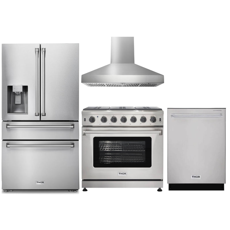 Thor Kitchen 4-Piece Appliance Package - 36-Inch Gas Range, Refrigerator with Water Dispenser, Wall Mount Hood, & Dishwasher in Stainless Steel Appliance Package Thor Kitchen Natural Gas Pro Style 