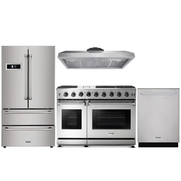 Thor Kitchen 4-Piece Appliance Package - 48" Gas Range, French Door Refrigerator, and Dishwasher in Stainless Steel Appliance Package Thor Kitchen Natural Gas 11" Height 